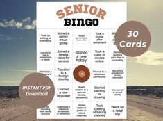 a sign that says senior bingo on it in front of a dirt road and blue sky