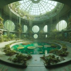 the inside of a building with lots of plants and water lilies on it's floor