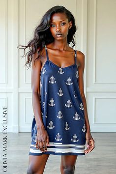 Olivia Mark - Nautical Anchor Print Camisole Dress Nautical Beach Tops For Summer, Nautical Tops For Beach In Summer, Nautical Style Beach Tops For Summer, Nautical Blue Top For Beach, Navy Sleeveless Top For Vacation, Casual Spaghetti Strap Sleepwear For Beach, Casual Sleepwear With Spaghetti Straps For Beach, Sleeveless Sleepwear For Beach Vacation, Casual Cami Sleepwear For Beach