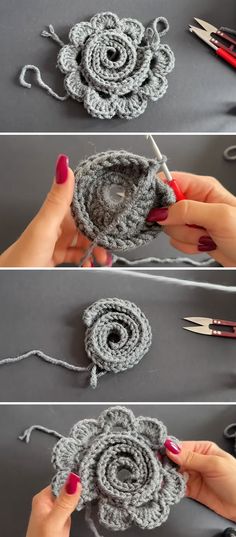 the crochet flower is being worked on