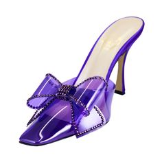 Dimante purple shoes is perfect for every occasion. From the Eureka Collection, Nalebe's mules flaunt a PVC construction adorned with a glamorous crystal-embellished bow. Made in Italy, this pair is anchored by a sleek stiletto heel. Glitter upper Square pointed toe Slip-on style Lining: Leather Leather sole Made in Italy You can't beat the beauty and vibrancy of the Dimante Mule SIZE & FIT • Runs True To Size. Take your normal size PRODUCT DETAILS Nalebe's Dimante mules are crafted of PVC with Sandals Socks, Fantasy Shoes, Wedding Shoes High Heels, Trendy Footwear, Socks Shoes, Purple Shoes, Dress Drawing, Leather Flat Shoes, Socks And Sandals