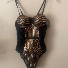 Beautiful Black Gold Sequin And Black Sheer Bodysuit With Soft Padded Bra Black And Gold Bodysuit, Gold Party Bodysuit With Lined Body, Chic Gold Party Bodysuit, Lined One-piece Bodysuit For Party, Gold Bodysuit For Night Out, Gold Sleeveless Bodysuit For Night Out, Chic Party Bodysuit With Lined Body, Anubis Costume, Black Womens Suit