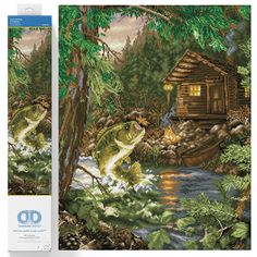 the cross stitch pattern shows two fish in front of a log cabin and river scene