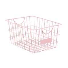 a pink wire basket with a tag on the front and bottom, against a white background