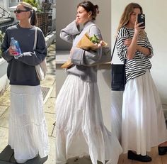 Long Skirt And Jacket Outfit, Skirt With Jeans Underneath, Fluffy Skirt Outfit, Long Skirt Fall Outfits, Long Skirt Fall, White Boho Skirt, Winter Maxi Skirt Outfit, White Maxi Skirt Outfit, White Dress Fall