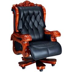 a black leather office chair with wood trimming