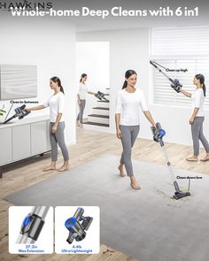 a woman is cleaning the floor with a vacuum