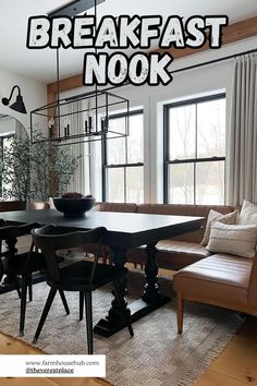 Breakfast Nook Corner Breakfast Nook Ideas, Modern Kitchen Nook, Corner Breakfast Nook, Modern Home Tour, Organic Modern Home, Modern Breakfast Nook, Breakfast Nook Ideas, Black Accent Walls, Kitchen Banquette