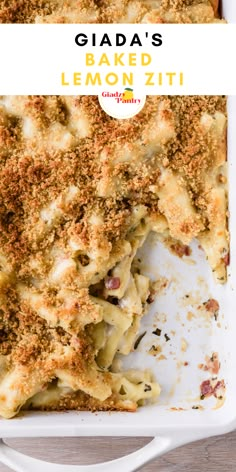 a casserole dish filled with baked lemon ziti and topped with bread crumbs