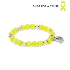 Silver And Yellow Awareness Pledge Hypoallergenic Nickel Free Beaded Stretch Bracelet. Custom Silver Ion Plated Stainless Steel Charm Accents And Designed With Love In Texas. Size Small, Medium, Large, and Extra Large Ranging From 6.25 - 7.25 Inch Circumference With Custom Sizing Available. Yellow Bracelet, Custom Charms, Awareness Ribbons, Faceted Glass, Beaded Stretch Bracelet, Colorful Bracelets, Agate Stone, Stretch Bracelet, Stretch Bracelets