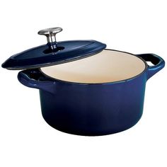 a blue casserole with a lid