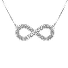 Add a personal touch to this infinity necklace, featuring your engraved name accented by the timeless Greek key design. Available in solid gold or sterling silver, this necklace is a beautiful expression of eternal connection and personal identity. Elegant Silver Name Necklace With Engraving Option, Elegant Silver Infinity Name Necklace, Silver Infinity Name Necklace, Silver Engraved Infinity Necklace, Infinity Engraved Necklaces For Anniversary, Infinity Sterling Silver Engraved Necklace, Personalized White Gold Infinity Necklace, Engraved Infinity Necklace For Anniversary, Sterling Silver Infinity Necklace Engraved