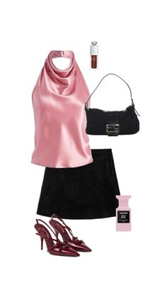 a pink top and black skirt with high heels