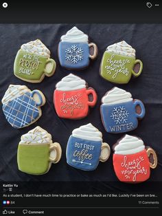 cookies decorated with frosting and icing are arranged in the shape of coffee mugs