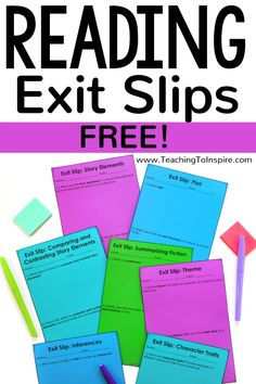 the text reading exit slips is on top of several colorful papers with markers and pencils