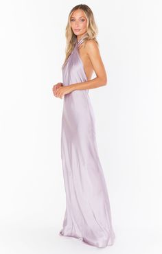 Jasmine Halter Maxi Dress ~ Dusty Purple Luxe Satin Dusty Purple Bridesmaid Dresses, Light Purple Bridesmaid Dresses, Pastel Bridesmaids, Casual Bridesmaid Dresses, Pastel Bridesmaid Dresses, Casual Cocktail Dress, Lavender Bridesmaid, Purple Bridesmaid Dress, Lavender Bridesmaid Dresses