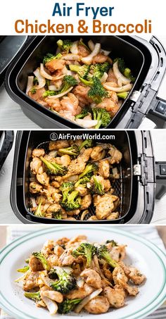 chicken and broccoli in an air fryer with the words air fryer chicken and broccoli