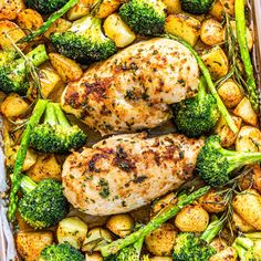 chicken, potatoes and broccoli in a casserole dish ready to be eaten