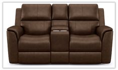 the reclining loveseat has two seats and a cup holder on top of it