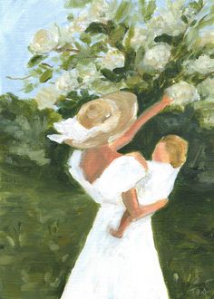 a painting of two women in white dresses and hats, one holding a bouquet of flowers