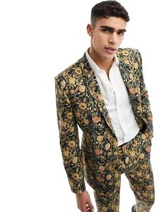 ASOS DESIGN slim suit jacket in navy floral print | ASOS Floral Tuxedo Men, Colourful Suits Men, Patterned Suits For Men, Neutral Wedding Attire, Unique Suits For Men, Colourful Suit, Floral Suit Men, Gender Neutral Wedding, Wedding Guests Dress