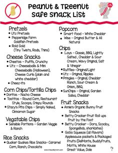 the peanut and treenut safe snack list is shown in red, white and blue