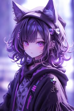 an anime character with purple hair and cat ears