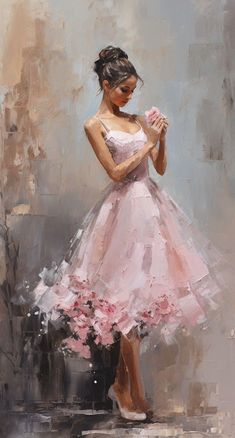 a painting of a girl in a pink dress holding a flower and looking at her phone