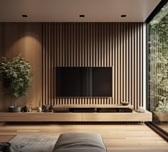 a modern living room with wood paneling and a flat screen tv