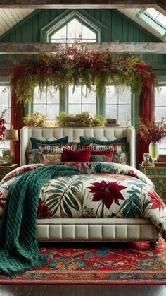 a bedroom with green and red decor on the walls, bedding and rugs