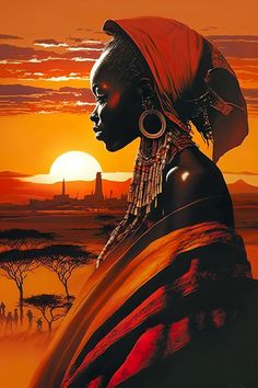 an african woman in front of a sunset