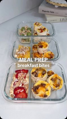 four meal prep trays with breakfast bites in them and the words meal prep on top