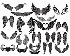 an assortment of black and white angel wings with hearts on each wing, all in different styles