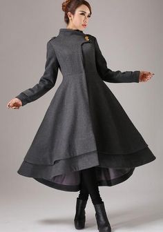 Gray wool coat long winter dress coat with layered hem (761) Winter Maxi Dress, Sweater Dress Pattern, 19th Century Dress, Winter Maxi, Long Outerwear, Maxi Dress Winter, Formal Occasion Dress, Coat Autumn, Evening Dresses Elegant