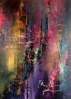 an abstract painting with lots of colors and writing on the bottom half of its image