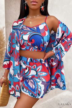 Lasaky - Classic V-Neck Long Sleeve Three-Piece Set with Casual Print Design Summer Long Sleeve Sets For Brunch, Blue V-neck Vacation Sets, Two-piece V-neck Beach Set, Multicolor Matching Set For Beach, Multicolor Matching Beach Set, Red Beachwear Sets For Vacation, Summer Two-piece V-neck Set, Vacation V-neck Two-piece Set, Summer Multicolor Matching Sleepwear Set