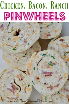 chicken, bacon, ranch pinwheels are stacked on top of each other with text overlay