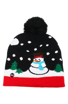 A snowman design and playful pompom bring holiday cheer to this warm beanie that lights up for an added festive touch. 100% acrylic Spot clean Imported Great for the holidays! Knitted Snowman Hat, Snowman Crochet Hat, Black Snowman Hat, Snowman Hat Beads, Snowman Accessories, Light Up Snowman, Snowman Design, Floppy Hats, Mario Valentino