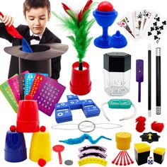 a kid is playing with toys and other items