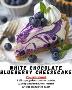 a white chocolate and blueberry cheesecake on a plate