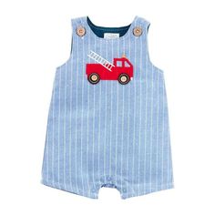 Mud Pie Transportation Station Firetruck Jon Jon Shortall 3-6M 6-9M 9-12M Transportation Station Collection Appliquéd chambray Jon Jon with coconut wood button shoulders. Inner leg snap closure. 51% Polyester 44% Cotton 5% Other Turn inside out. Machine wash cold with like colors. Do not bleach. Tumble dry low. Cool iron if needed. Do not iron applique.     RETURNS/REFUNDS: If you need to return an item, go to your purchase in eBay, select "return this item" and select the correct reason.  Pleas Red Cotton Jumpsuit For Playtime, Baby Heartbeat, Coconut Wood, Jon Jon, Hudson Baby, Johnson And Johnson, Mud Pie, Fire Truck, Baby Store