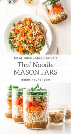 three mason jars filled with food and the words meal prep / make - ahead thai noodle mason jars