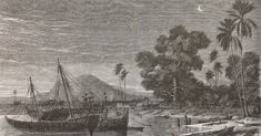 an old illustration of boats in the water and palm trees on the shore with mountains in the background