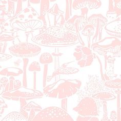 a pink and white wallpaper with mushrooms on it