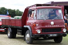 an old red truck is parked on the grass near other trucks and people are in the background