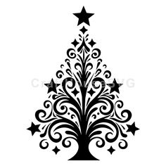 a black and white christmas tree with stars on the top, in an ornate style