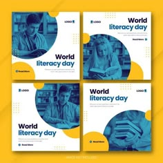 the world library day flyer is shown in four different colors and sizes, with three people reading