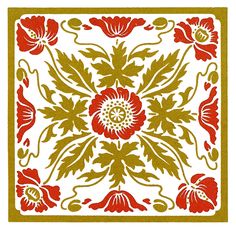 a red and yellow floral design on white paper with gold border around the edges,