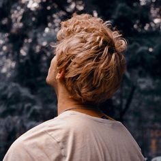 a man standing in front of trees with his back to the camera and looking up