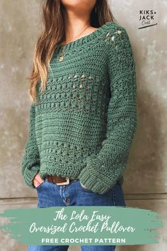 a woman wearing a green crochet sweater with holes in the middle and text that reads